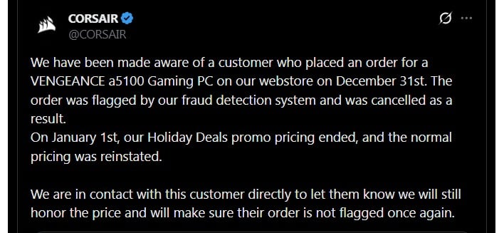 corsair price change tweet explanation