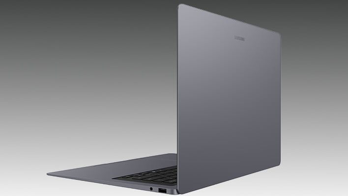 Rear angled render of Samsung's Galaxy Book6 Pro on a gray and black gradient background.