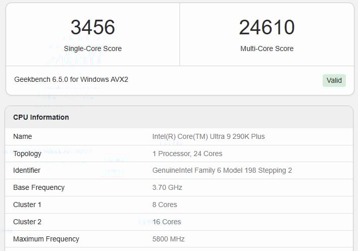 Geekbench results for an Intel Core Ultra 9 290K Plus processor.