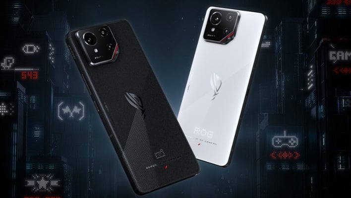 Black and white rear renders of the ASUS ROG Phone 9.