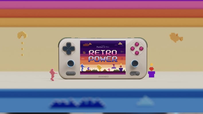 Ayaneo Pocket S Mini handheld in the Retro Power colorway.