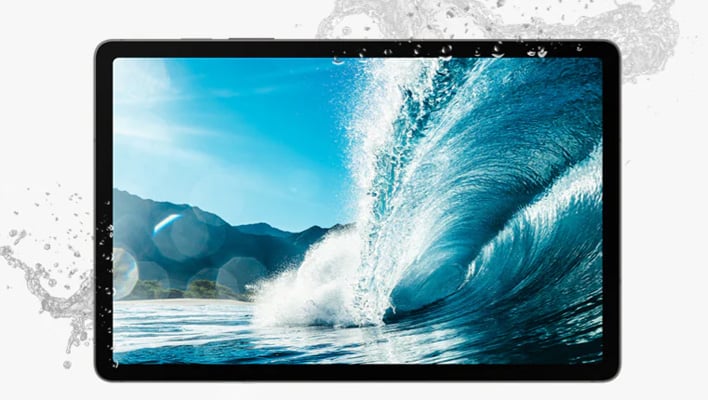 Samsung Galaxy Tab S9 FE+ with water splashing around it (render).