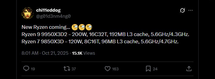 X post outlining specs for the Ryzen 9 9950X3D2.