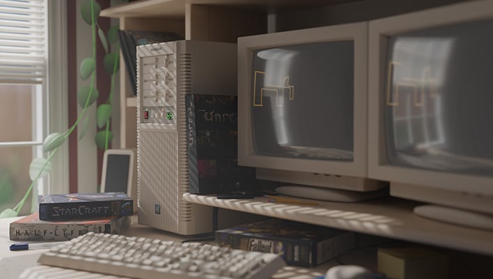 Maingear Retro98 on a desk.