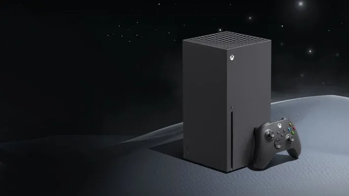 Microsoft Xbox Series X console on a planet or moon surface with stars in the background.