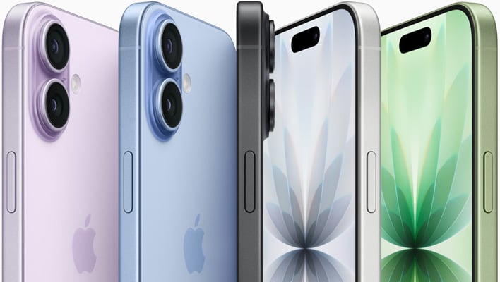 Closeup render of several iPhone 17 models fanned out.