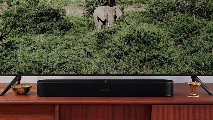 Sonos Beam Gen 2 soundbar underneath a TV.