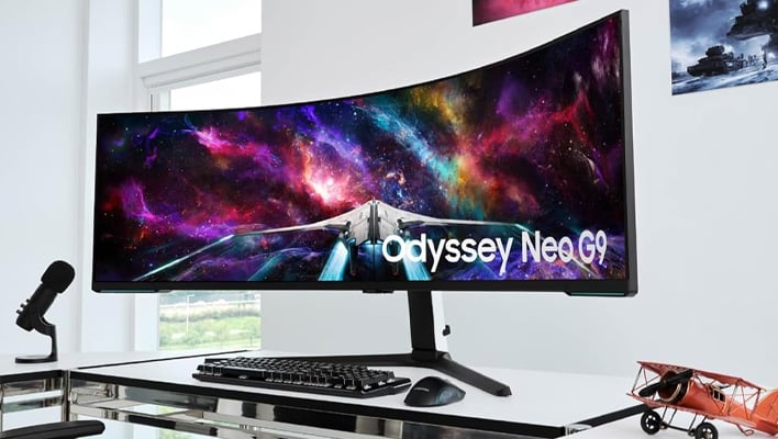 Samsung Odyssey Neo G9 monitor on a desk (render).