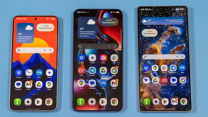 Samsung Galaxy phones on a blue background.