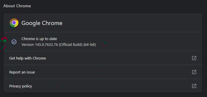 Google Chrome About page showing the build version.