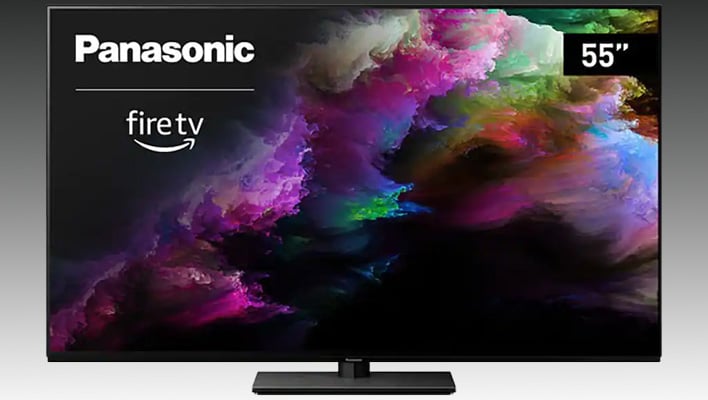 Panasonic OLED Fire TV on a gray gradient background.
