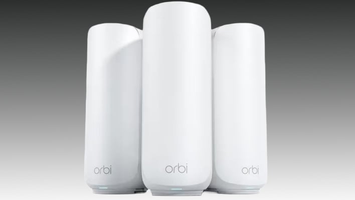Netgear Orbi 370 Wi-Fi 7 router and two satellites on a gray gradient background.