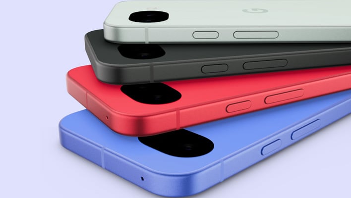 Different colored Pixel 10a phones stacked on top of each other on a blue background.