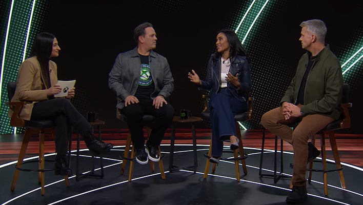 Tini Amini, Phil Spencer, Sarah Bond, and Matt Booty on an episode of the Official Podcast Episode.