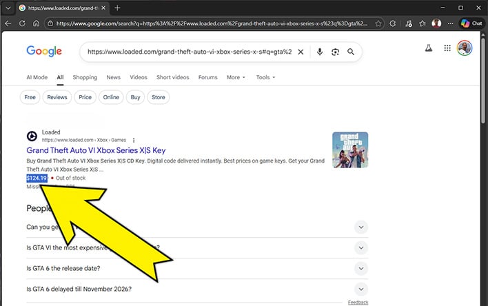 Meta description showing the listed pricing for a Grand Theft Auto VI listing at Loaded.com.
