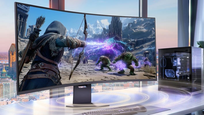 LG 52-inch UltraGear Evo G9 display on a desk next to a gaming PC (angled render).