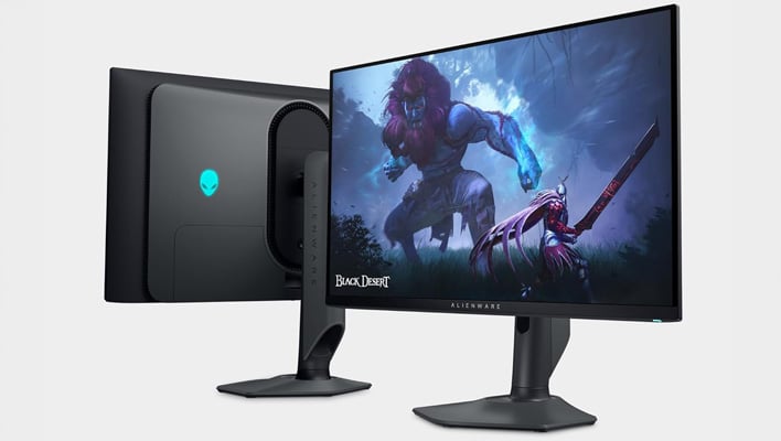 Front and back angled renders of Alienware's OLED monitor.