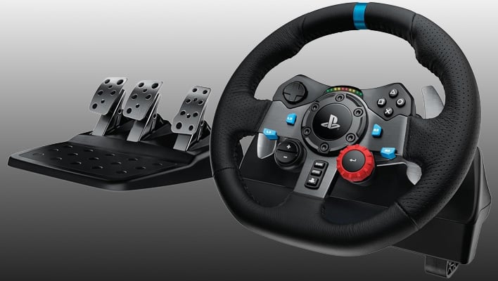 Logitech G29 Driving Force Racing Wheel and Pedals on a gray gradient background.