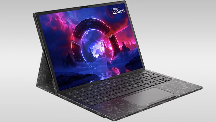 Lenovo Legion Go Fold with keyboard on a gray gradient background.