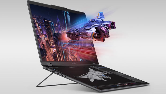 Angled render of the Lenovo Yoga Book Pro 3D on a gray gradient background.