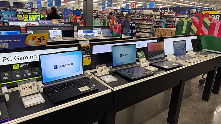 Windows laptops on display at Walmart.