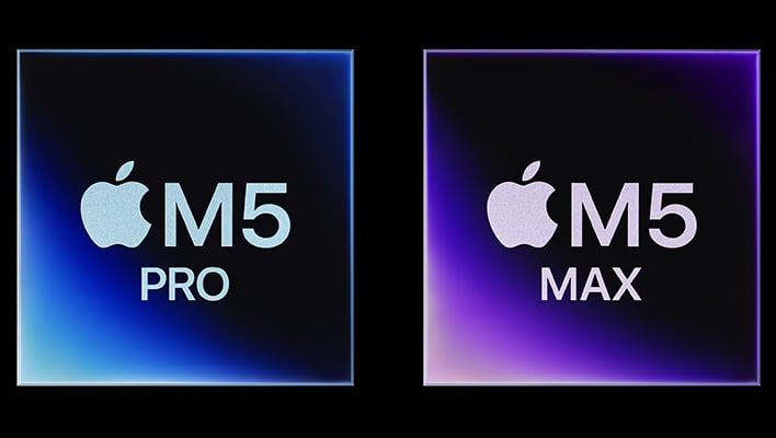 Apple M5 Pro and M5 Max chip renders on a black background.