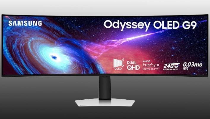 Samsung Odyssey OLED G9 on a gray gradient background.