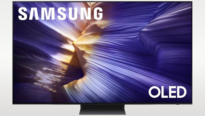 Samsung S90F OLED TV on a light gray gradient background.