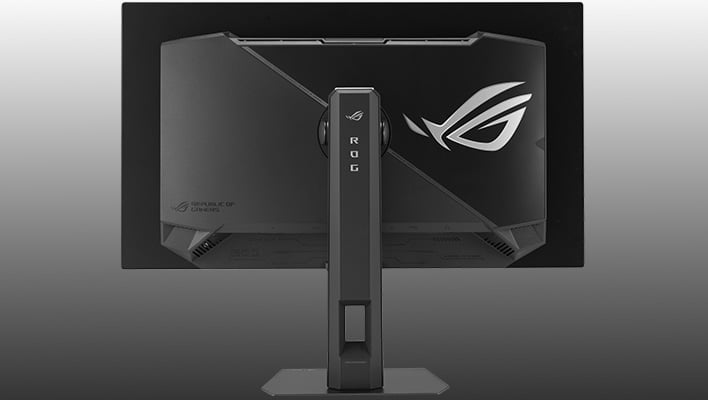Rear render of an ASUS ROG OLED gaming monitor on a gray gradient background.
