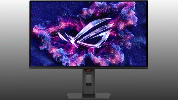 ASUS ROG Strix OLED XG27AQDMES monitor on a gray gradient background.