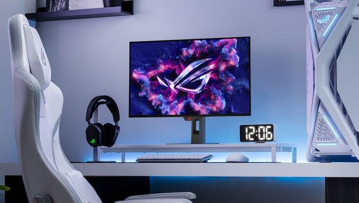 Render of the ASUS ROG Strix OLEC XG27AQDMG Gen 2 monitor on a desk.