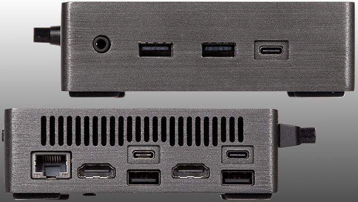 Front and back I/O shots of the Gigabyte's new Panther Lake Brix mini PC, on a gray gradient background.