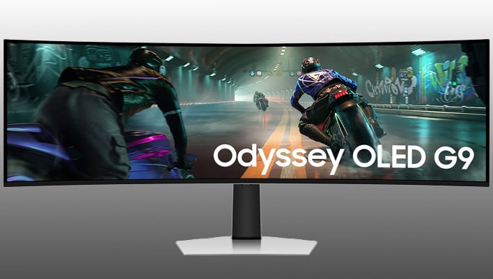 Samsung Odyssey G9 OLED monitor on a gray gradient background.