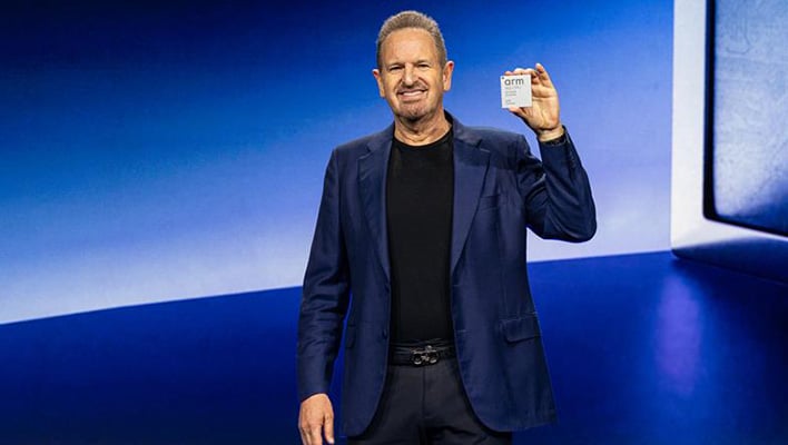 Arm CEO Rene Haas holding Arm's AGI CPU.
