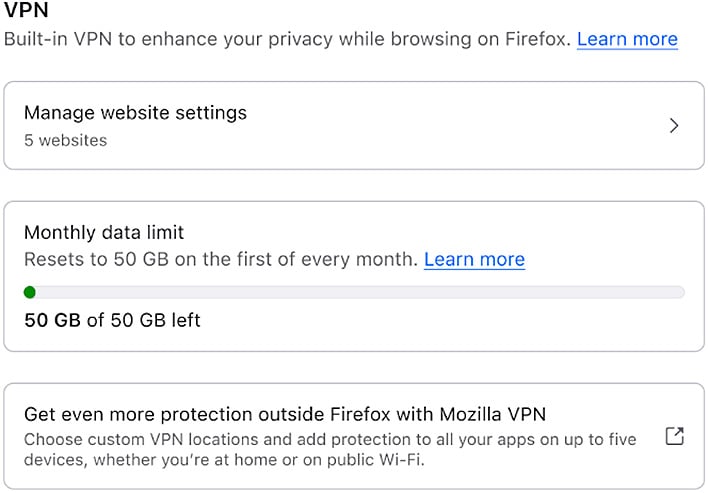 VPN settings in Firefox.