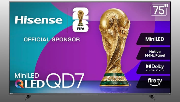 Hisense QD7 mini LED TV on a gray gradient background.