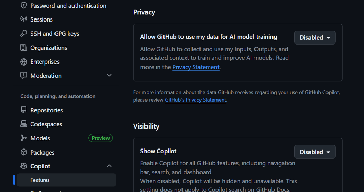 content github key copilot options