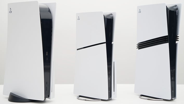 Row of Sony PlayStation 5 consoles.