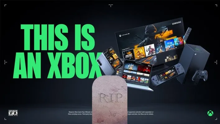 'This is an Xbox' banner with a tombstone in front that reads, "RIP."