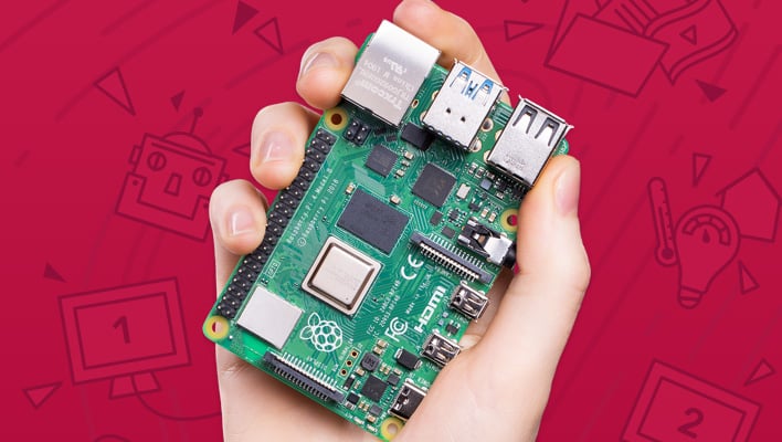 Hand holding a Raspberry Pi 4 SBC in front of a red-themed background.