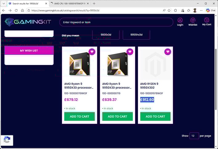 Ryzen 9 9950X3D2 and 9950X3D listings at Gamingkit's website.