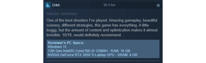 steam review showing system specs