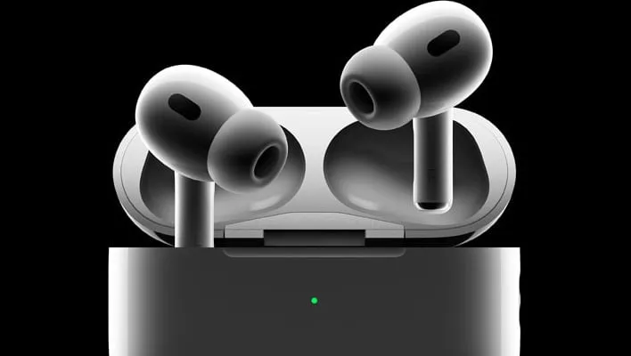 Apple AirPods Pro 3 and charging case on a black background.