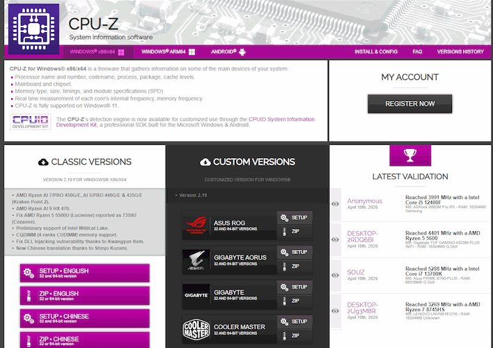 cpu z download page