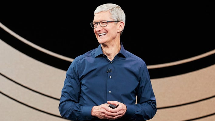 Apple CEO Tim Cook smiling with his facing to his right (viewer's left).