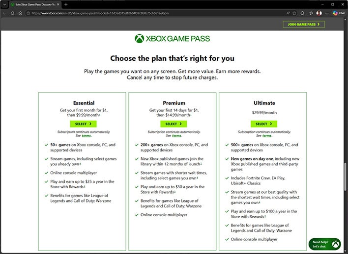 Xbox Game Pass subscription tiers in Edge.