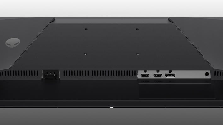 Render shot of the inputs on Dell's Alienware AW2726DM QD-OLED monitor, on a gray gradient background.