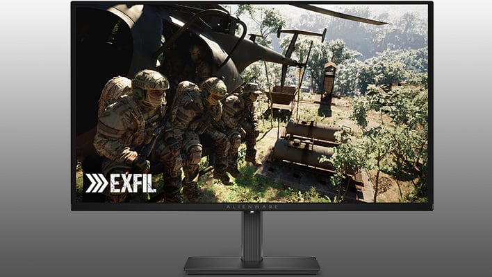 Render of Dell's Alienware AW2726DM QD-OLED gaming monitor on a gray gradient background.