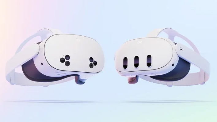 Meta Quest 3 and Quest 3S headsets on a light blue background.