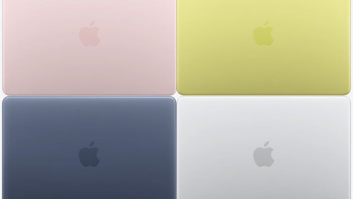 Four Apple MacBook Neo laptops in each color option.